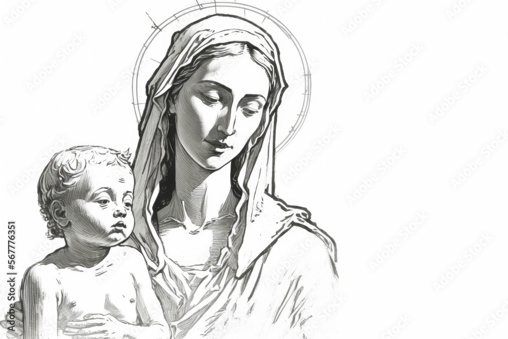 Wall mural mary and jesus white background, generative ai