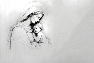 Virgin Mary and Baby Jesus minimalist white background drawn, Generative Ai