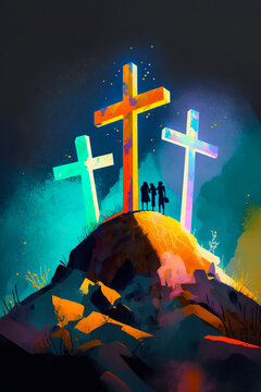 Abstract art. Colorful painting art of three crosses on a hill. Christian illustration. Generative AI.