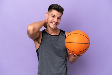 young caucasian woman  basketball player man isolated on purple background laughing