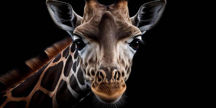 t&ecirc;te de girafe en gros plan sur fond noir - illustration ia