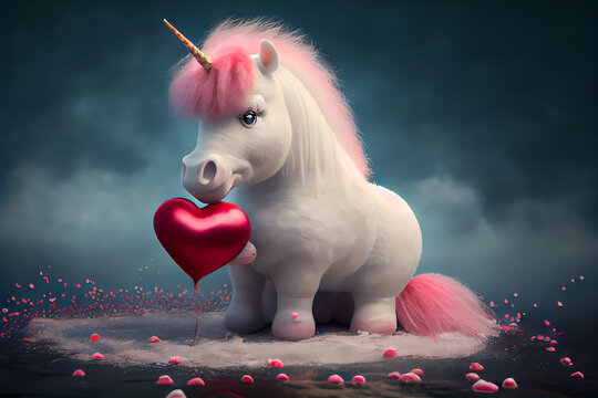cute stuffed unicorn with pink hair, red valentines heart balloon, pink decoration leaves on the floor, blue smoke in the background, illustration made with generative ai