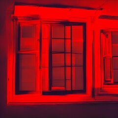 View of the window in red light at night. Red light district windows. Isolated on a black background. Red light from the window. The red window shines mystically at night - generative ai