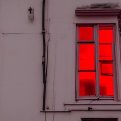 View of the window in red light at night. Red light district windows. Isolated on a black background. Red light from the window. The red window shines mystically at night - generative ai