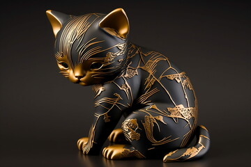 Carved lacquer kintsugi kitten, cat, sculpture