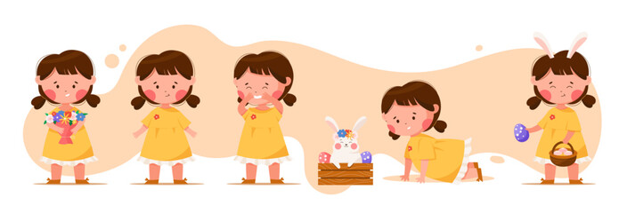 Cute cartoon girl with Easter eggs and bunny set. Classic Easter holiday scenes. Vector isolated illustrations.
