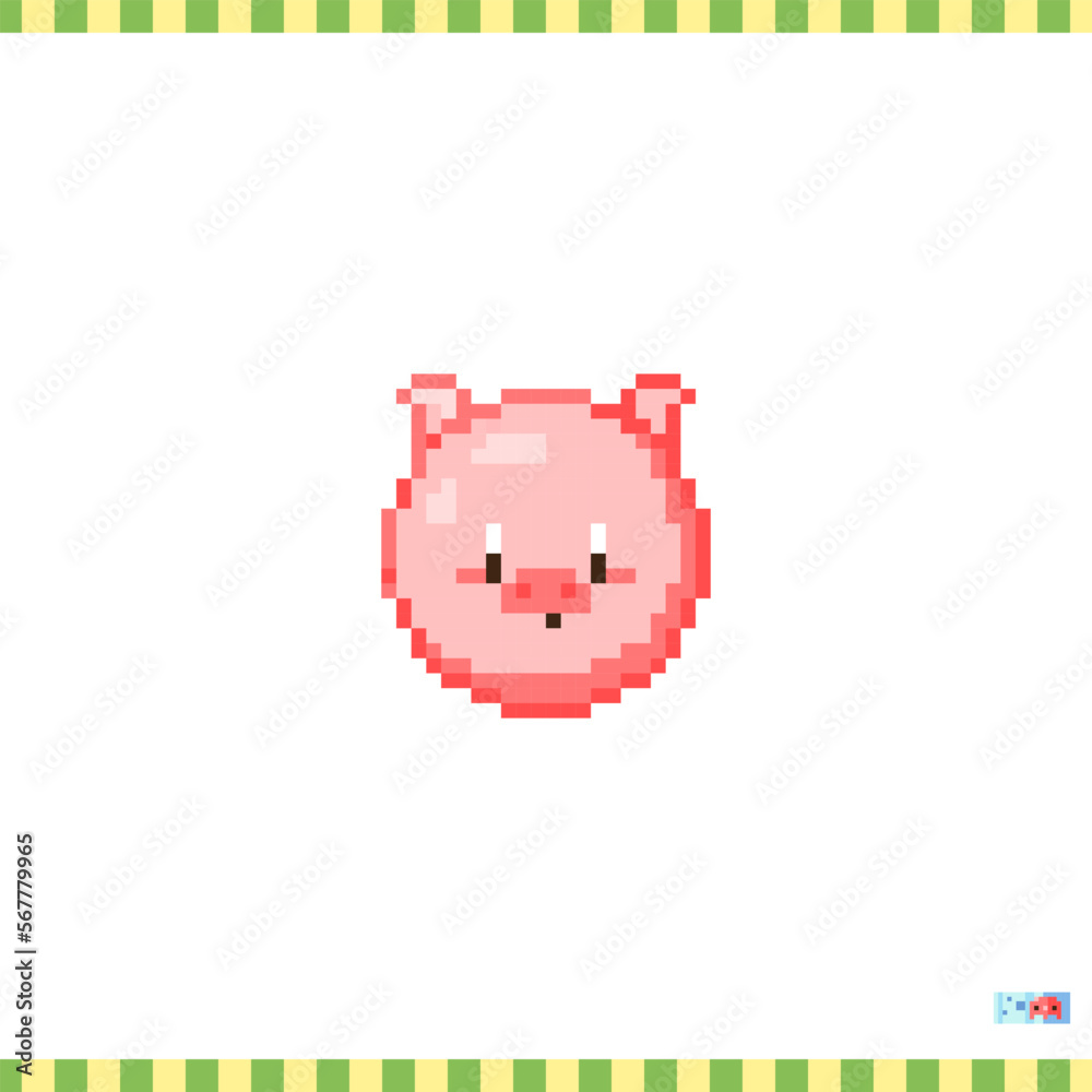 Wall mural pixel art pig face icon. vector 8 bit style illustration of pig. cute decorative farm element of ret