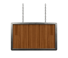 Wooden rectangular sign with metal border and chains