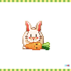 Fototapeta premium Pixel art bunny with carrot icon. Vector 8 bit style illustration of white rabbit. Cute decorative easter spring element of retro video game computer graphic for game asset, sprite, sticker or web.