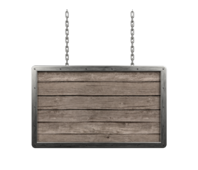 Wooden rectangular sign with metal border and chains