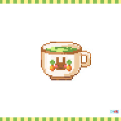 Pixel art green tea cup icon. Vector 8 bit style illustration of cup of matcha. Cute decorative element of retro video game computer graphic for game asset, sprite, sticker or web.