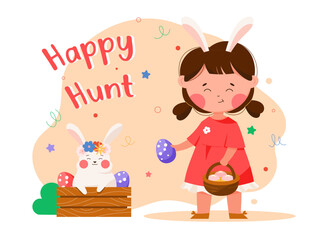 Easter illustration for posters, invitations and greeting cards. Girl with easter eggs and cute easter bunny. Cute vector illustration for decoration, promotion and sale.