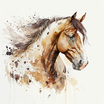 un acquerello di un cavallo marrone con riflessi dorati, uno sfondo bianco