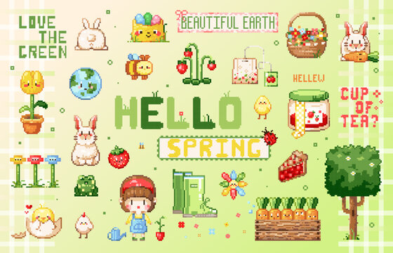 Pixel art Cute spring easter set. 8 bit video game assets, elements and stickers - bunny, chickens, easter eggs, jam, berries, pie, cake, basket of flowers, garden. Vector cute pixel art collection.
