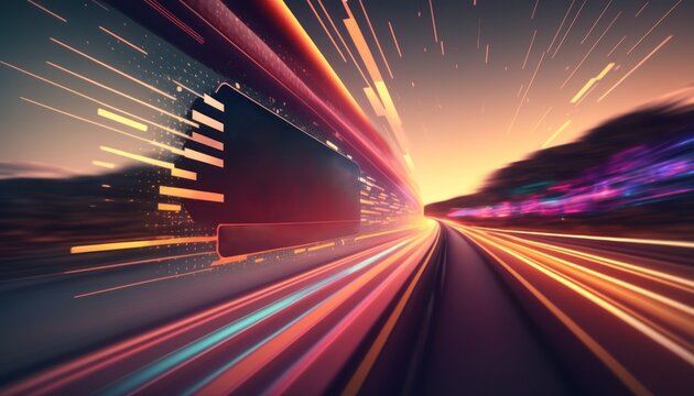Speeding Sports Car On Neon Highway. Powerful acceleration of a supercar on a night track with colorful lights and trails.