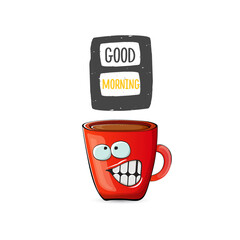 Obraz premium Good morning quote with cute red coffee cup character and speech bubble isolated white background. Vector good morning slogan and Coffee cartoon poster, flyer, label, funny banner design template