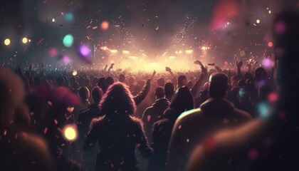 Excited audience watching confetti fireworks and having fun at music festival at night. - obrazy, fototapety, plakaty