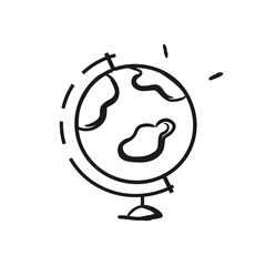 Hand Drawn globe doodle. Side with USA, Australia, China, India. Sketch icon. Vector illustration EPS 10