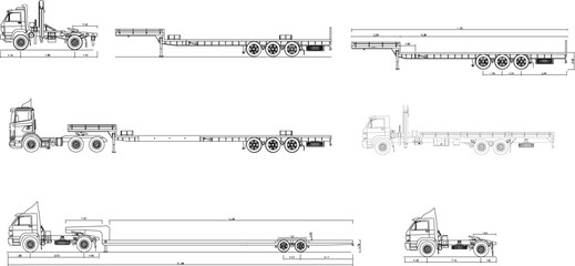 Fototapeta premium Sketch vector illustration of a freight trailer truck with size scale