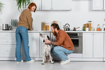 Cheerful woman looking at husband with dalmatian dog in kitchen.