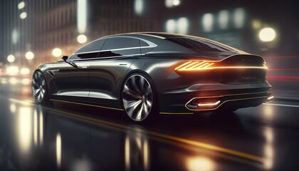 High speed luxury driving in the city - futuristic car concept.