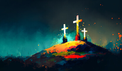 Abstract art. Colorful painting art of three crosses on a hill. Christian illustration. Generative AI.