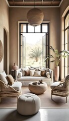 A modern house, Interior Design, View of Whole Room in a natural elements like marble, rattan, wicker, and cane, generative ai with warm natural color as the wall blend in with the design