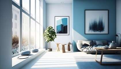 青い家具を備えたモダンなリビング ルーム、ジェネレーティブ ai、家具付きのモダンなミニマリスト建築のオフィス インテリア, generative ai