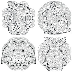 Set of spring rabbits on mandala for coloring page.. Colorful vector illustration.