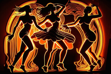 Fototapeta na wymiar neon silhouettes of dancing people on a black background