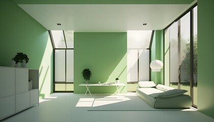 Fototapeta na wymiar Modern living room with warm calming green furniture, generative ai, modern minimalist architecture office interior with furniture 