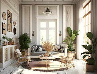 A modern house, Interior Design, View of Whole Room in a natural elements like marble, rattan, wicker, and cane, high ceiling and filled with warm natural color as the wall blend in with the design