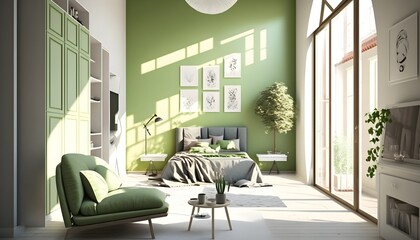 Modern living room with warm calming green furniture, generative ai, modern minimalist architecture office interior with furniture
