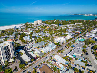 Aerial photo businesses and tourist shops restaurants on Ocean Boulevard Siesta Key FL USA