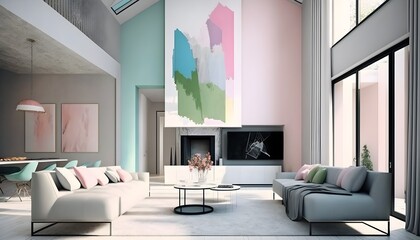 Modern living room with pastell colors furniture, generative ai, modern minimalist architecture office interior with furniture
