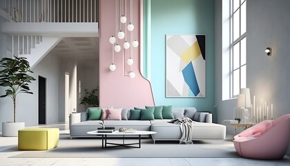 Modern living room with pastell colors furniture, generative ai, modern minimalist architecture office interior with furniture

