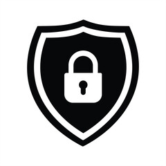 Security shield icon with padlock symbol. Black and white isolated security icon, vector illustration