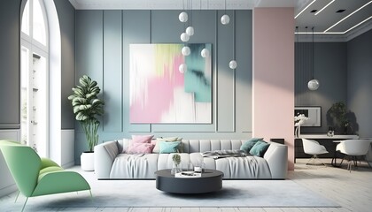 Modern living room with pastell colors furniture, generative ai, modern minimalist architecture office interior with furniture
