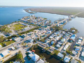 Aerial drone photo Matlacha severly damaged by Hurricane Ian circa 2022