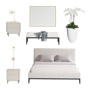 A set of isolated bedroom furniture 5. Elegant simple double bed, gold sconce above beige nightstand, blank poster, white orchid in pot, plaid with tassels on bench, gold lamp on nightstand. 3d render