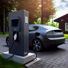 Fototapeta na wymiar Charging modern electric car on the street which are the future of the Automobile. Ai generative.