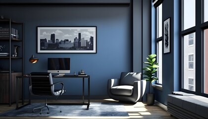 Modern living room with warm calming blue furniture, generative ai, modern minimalist architecture office interior with furniture
