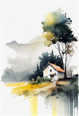 Minimalist landscape scenery watercolor artistic, generative Ai - 567784141