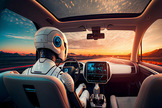 Humanoid robot driving autonomous car, future technology concept