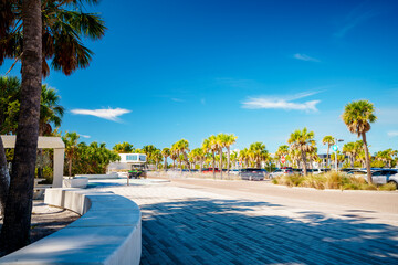 Long exposure photo of Siesta Key Beach scene with motion blur in trees