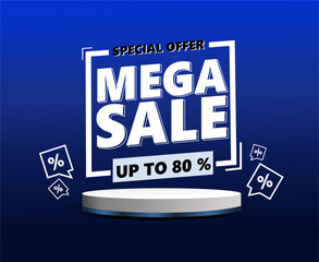 80% Special offer banner with podium mega sale, hot sale, big sale, super sale, sale banner vector isolated on blue background tamplate.