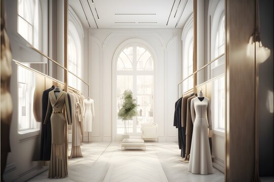 Contemporary interior of a large chic dress shop. generative 
 ai designed