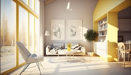 A modern living room, filled with warm yellow colour as the wall blend in with the design of the furniture. generative ai art, natural light filling