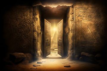 Inside the secret tombs of Egyptian Pharaohs. The tomb of King Tut, Egypt pyramid interiors illuminated by natural light falling through the gaps. Egyptian hieroglyphs on the walls.  Generative AI. - obrazy, fototapety, plakaty