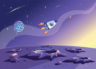The rocket flies over the surface of the planet in craters against the background of the starry sky. Space travel and exploration, vector horizontal illustrations in cartoon style.